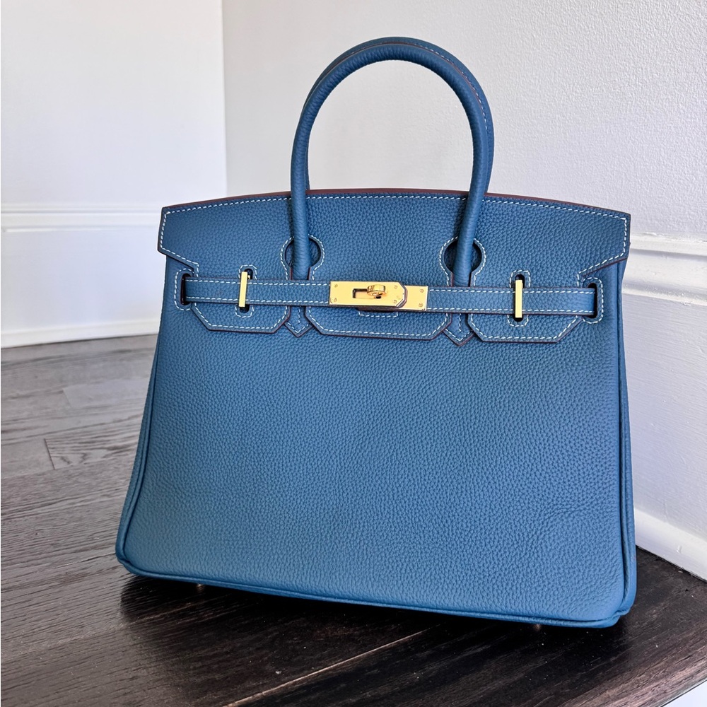 Blue Leather Top-Handle Satchel with Gold Hardware